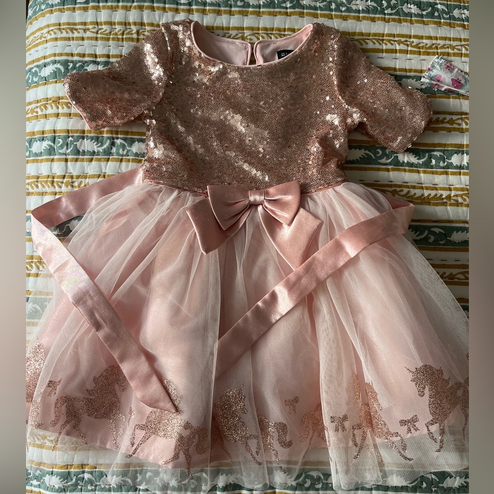 Pink girl Sparkling Sequin tutu Dress with Bow and unicorns